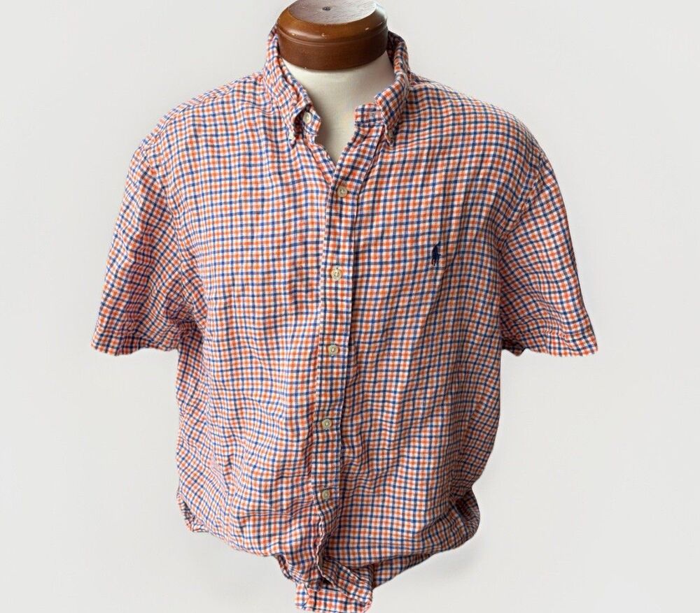 Ralph Lauren Linen Blue Orange Plaid Short Sleeve Button Up Shirt Size XL